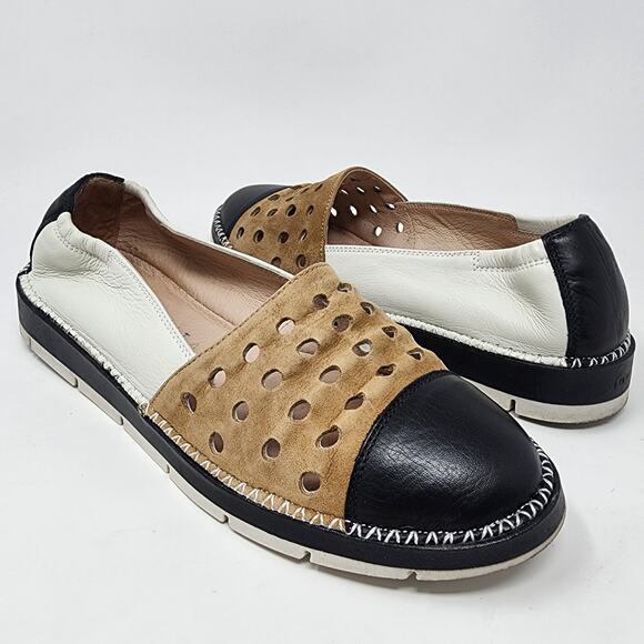 Hispanitas Flats Women 7 Chica Slip-On B&W Leather with Tan perforated Suede - Picture 2 of 10